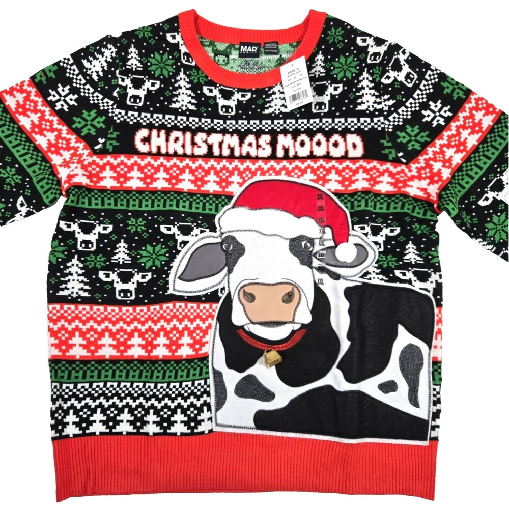 Ugly Christmas Sweater Cow With Bell Holiday Time Mad Engine Adult Size 2XL New